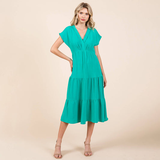 Victoria V Neck Pleated Ruffle Midi Dress ~ Kelly Green