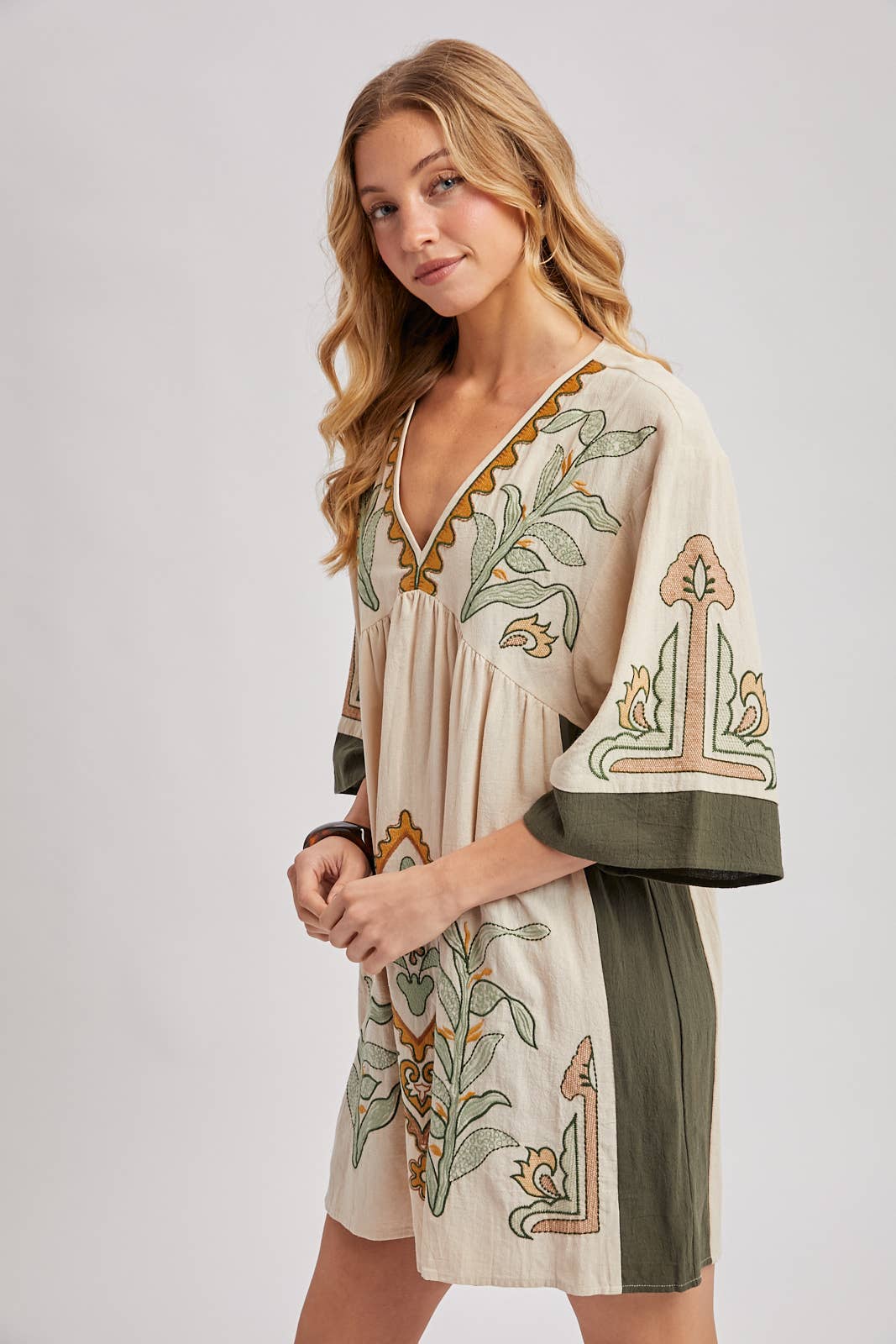 Blair Boho Embroidered V Neck Dress ~ Oatmeal