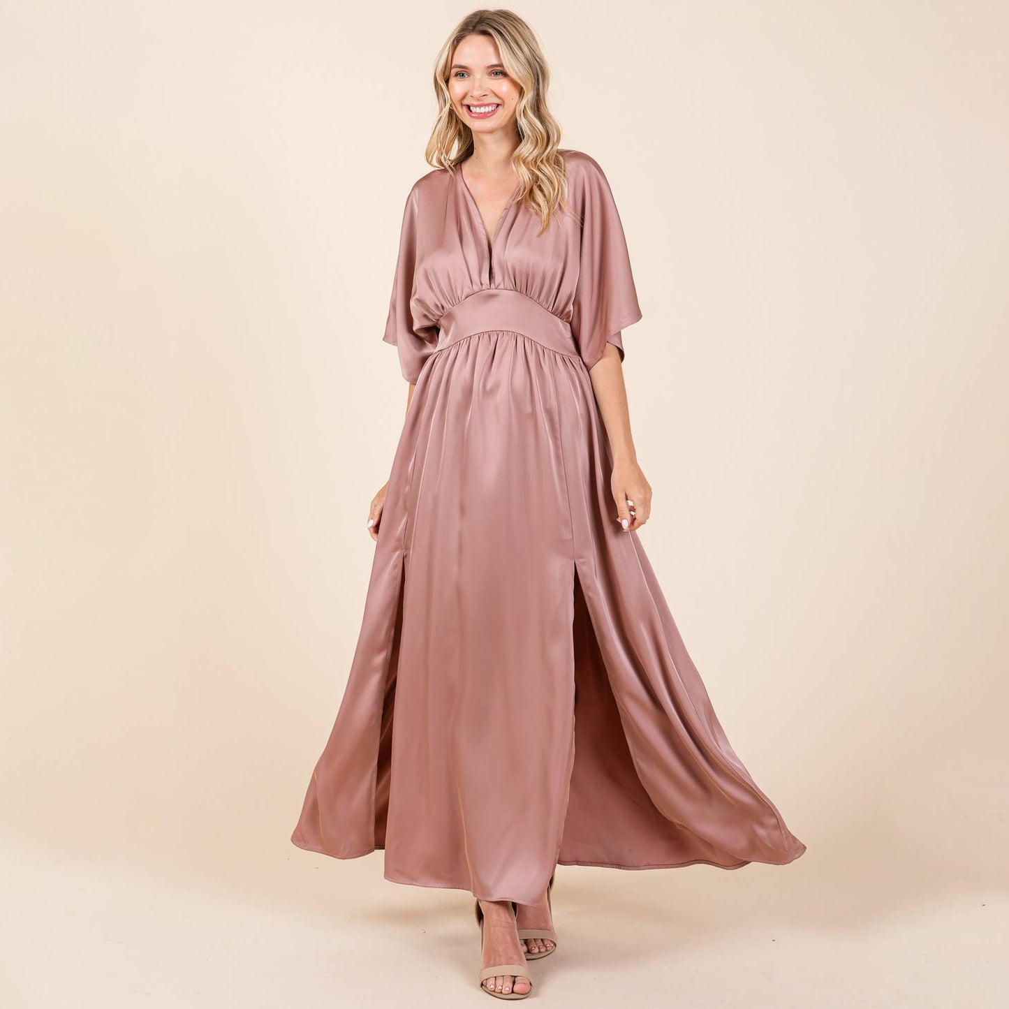 Selma Satin Kimono Maxi Dress ~ Dusty Rose