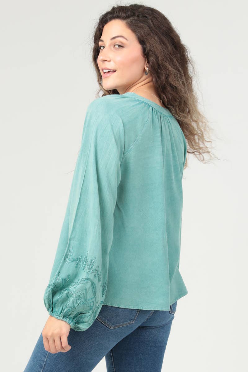 Regina V Neck Embroidered Top ~ Green