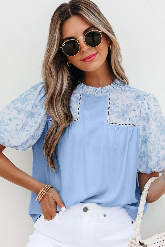 Sammy Floral Puff Sleeve Patchwork Top ~ Light Blue