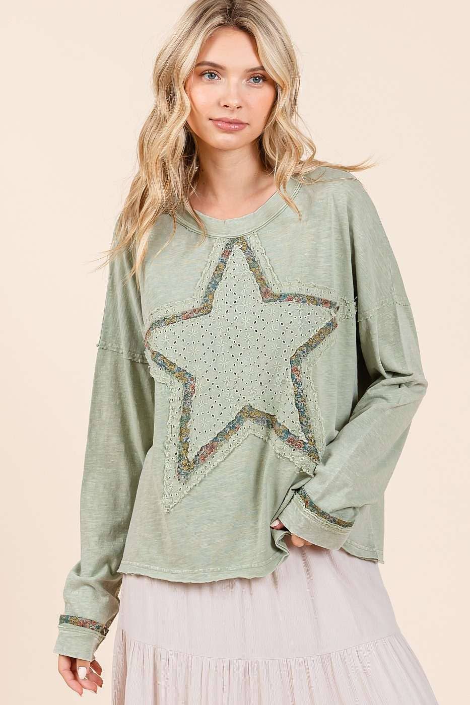 Avery Mineral Wash Star Patch Top ~ Sage