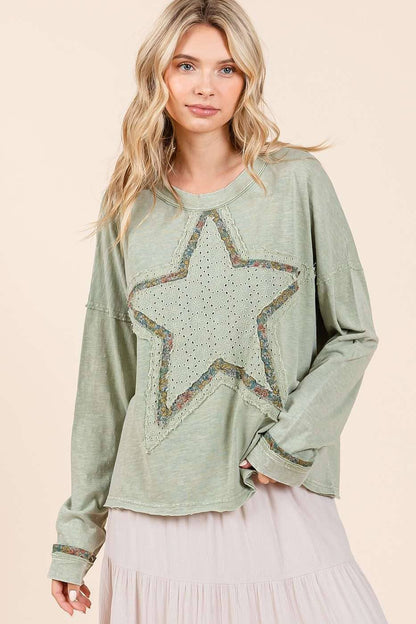 Avery Mineral Wash Star Patch Top ~ Sage