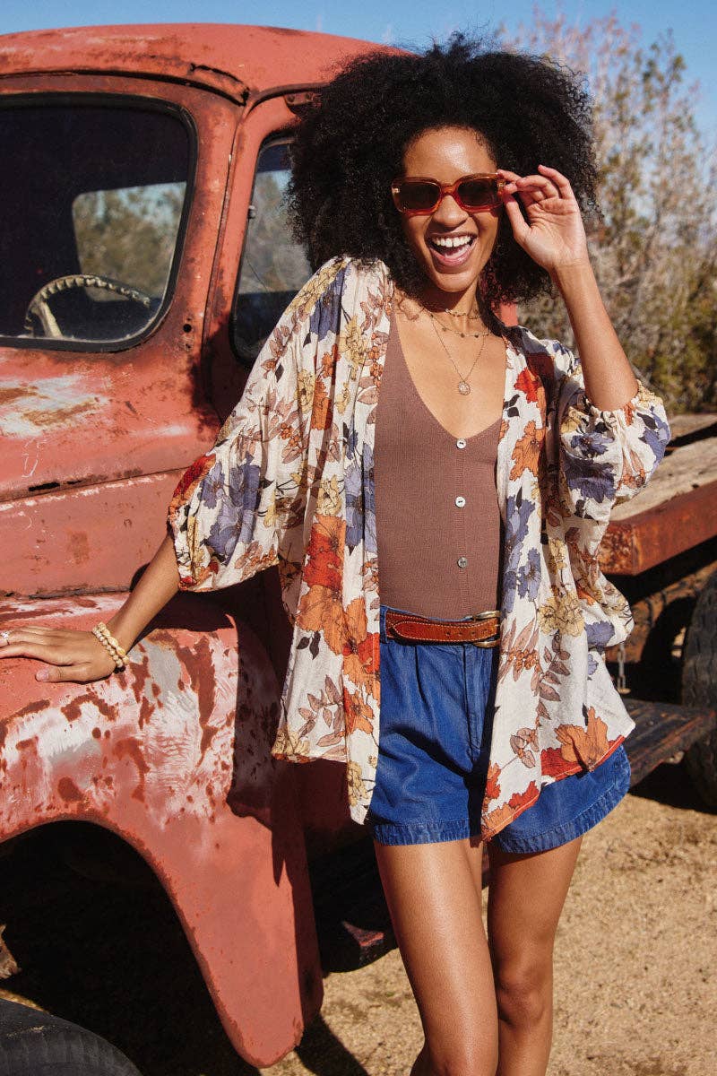 Tanya Textured Floral 3/4 Sleeve Open Kimono - Rust Mix