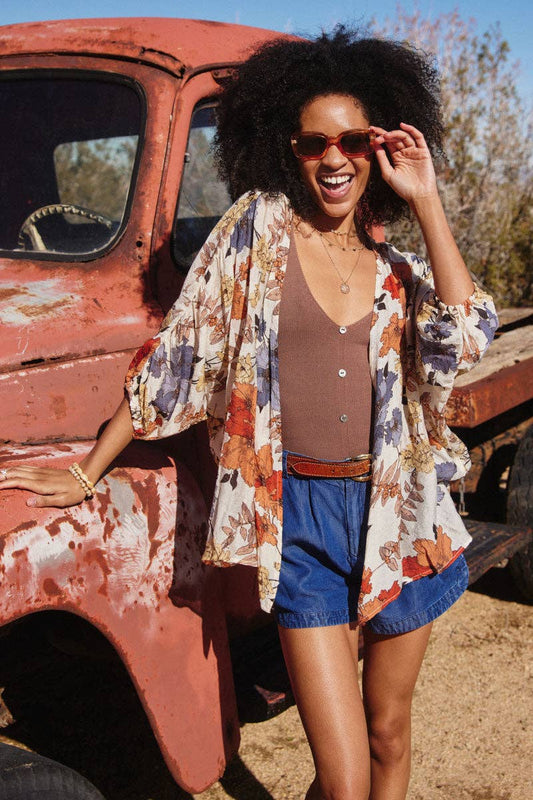 Tanya Textured Floral 3/4 Sleeve Open Kimono - Rust Mix