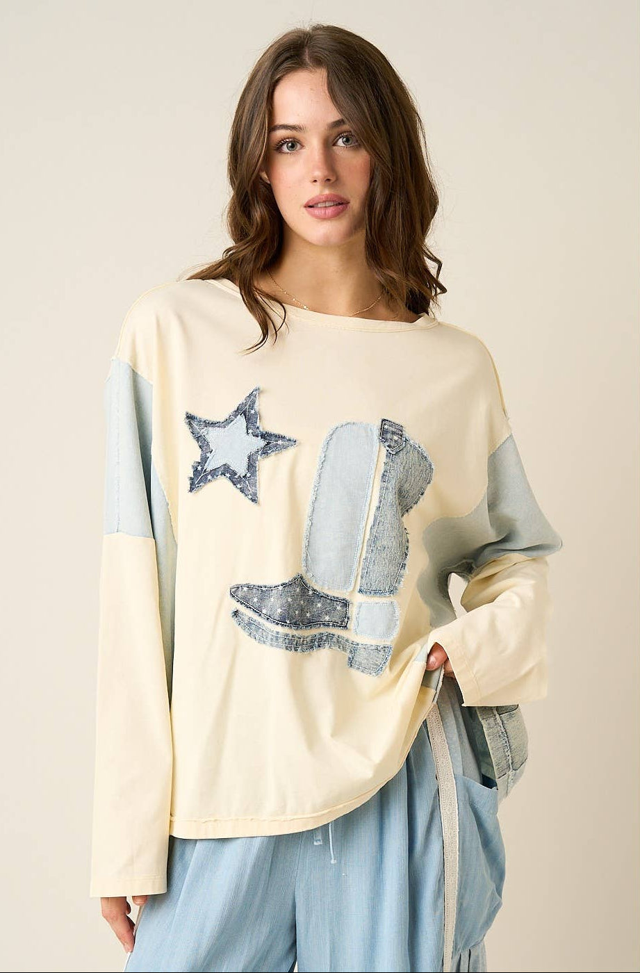 Demi Denim Star & Boot Patch Top ~ Cream