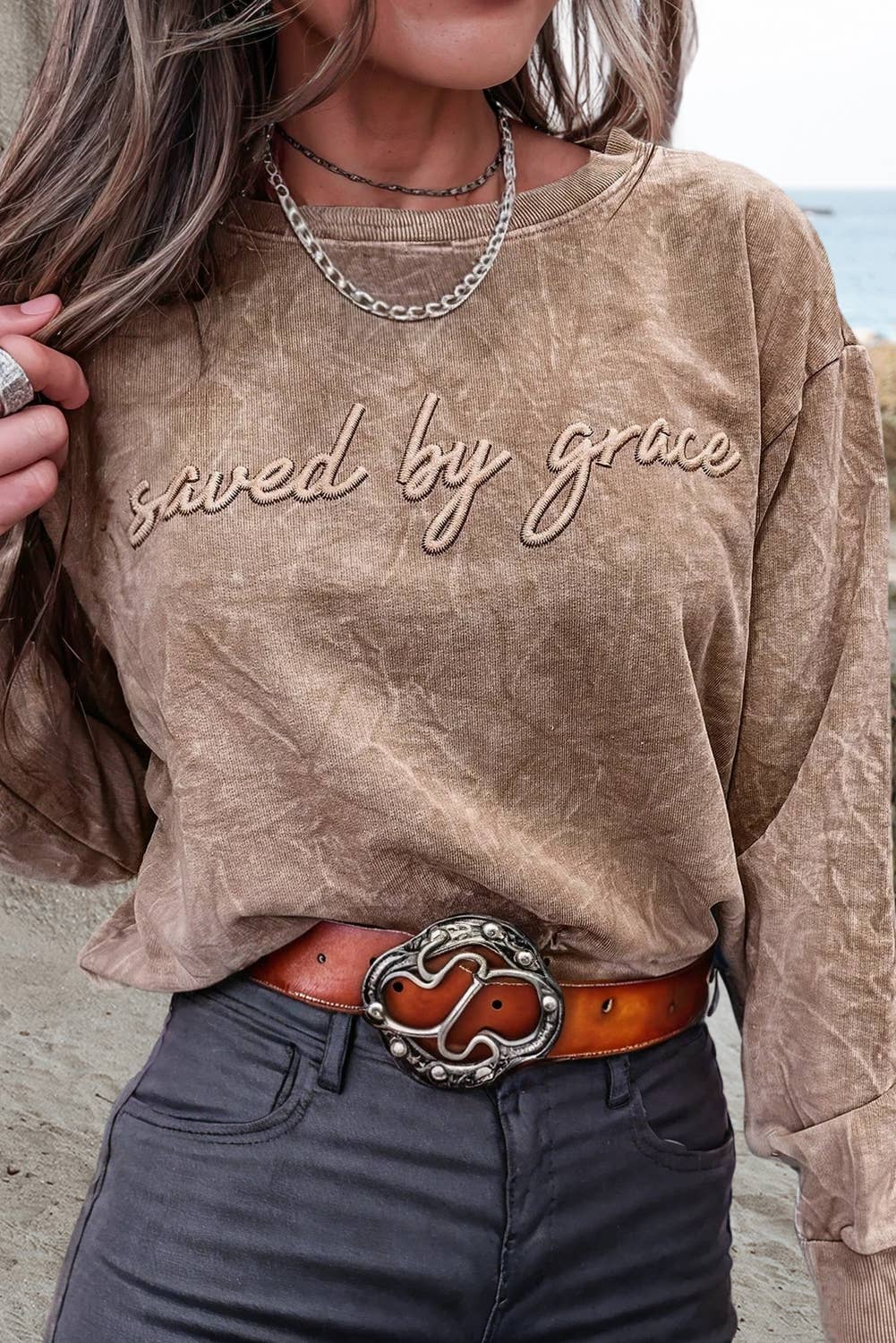 Saved by Grace Embroidery Mineral Wash Pullover ~ Mocha