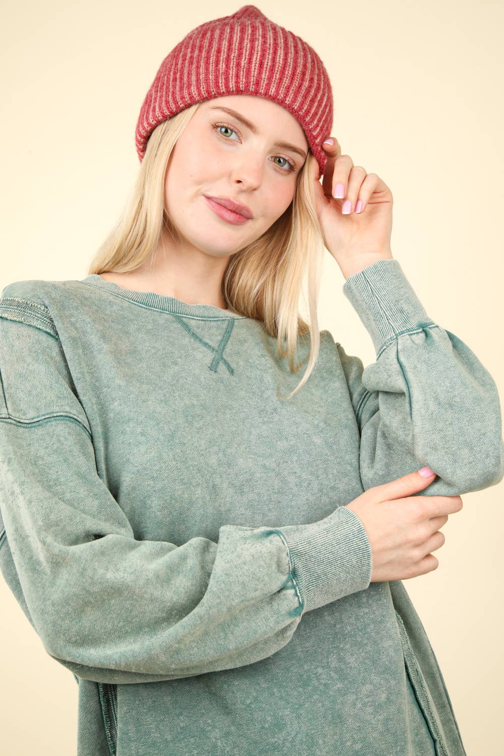 Mya Mineral Washed French Terry Oversized Knit Top ~ Olive