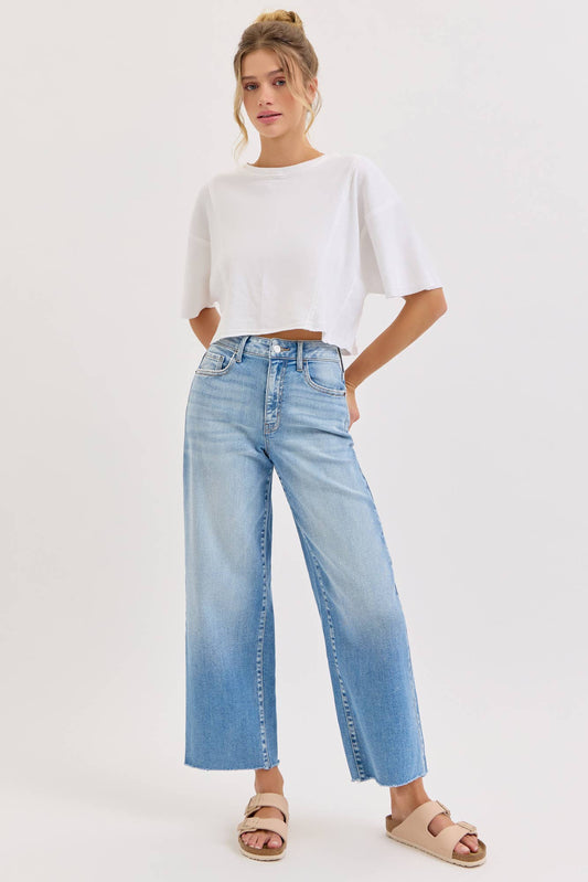 Harlow High Rise Raw Hem Crop Wide Leg Jeans ~ Light Denim