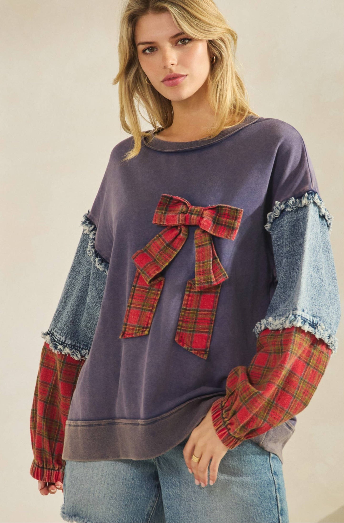 Pamela Plaid Bow Denim Sleeve Pullover ~ Navy