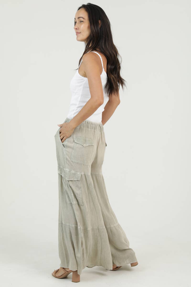 Avery Acid Wash Smocked Waist Cargo Pants ~ Sage