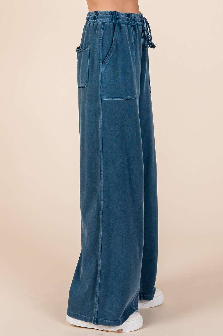 Saylor Mineral Wash French Terry Wide Leg Pants ~ Gucci Blue