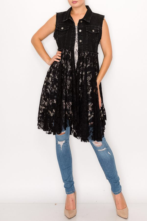 Olivia Lace Layered Cropped Denim Vest ~ Black