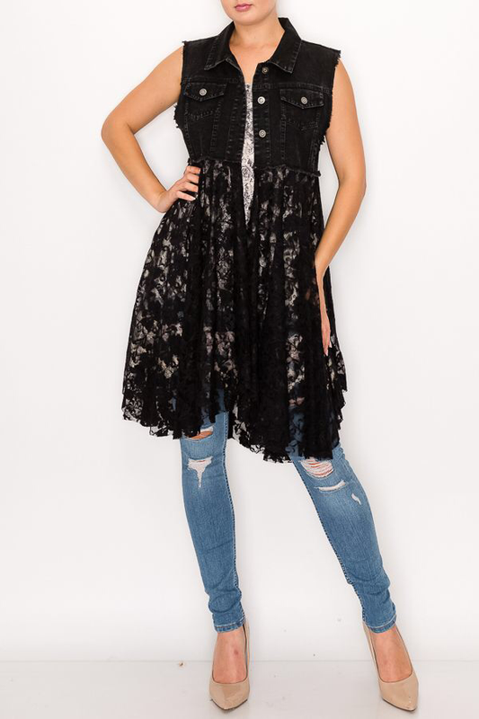 Olivia Lace Layered Cropped Denim Vest ~ Black