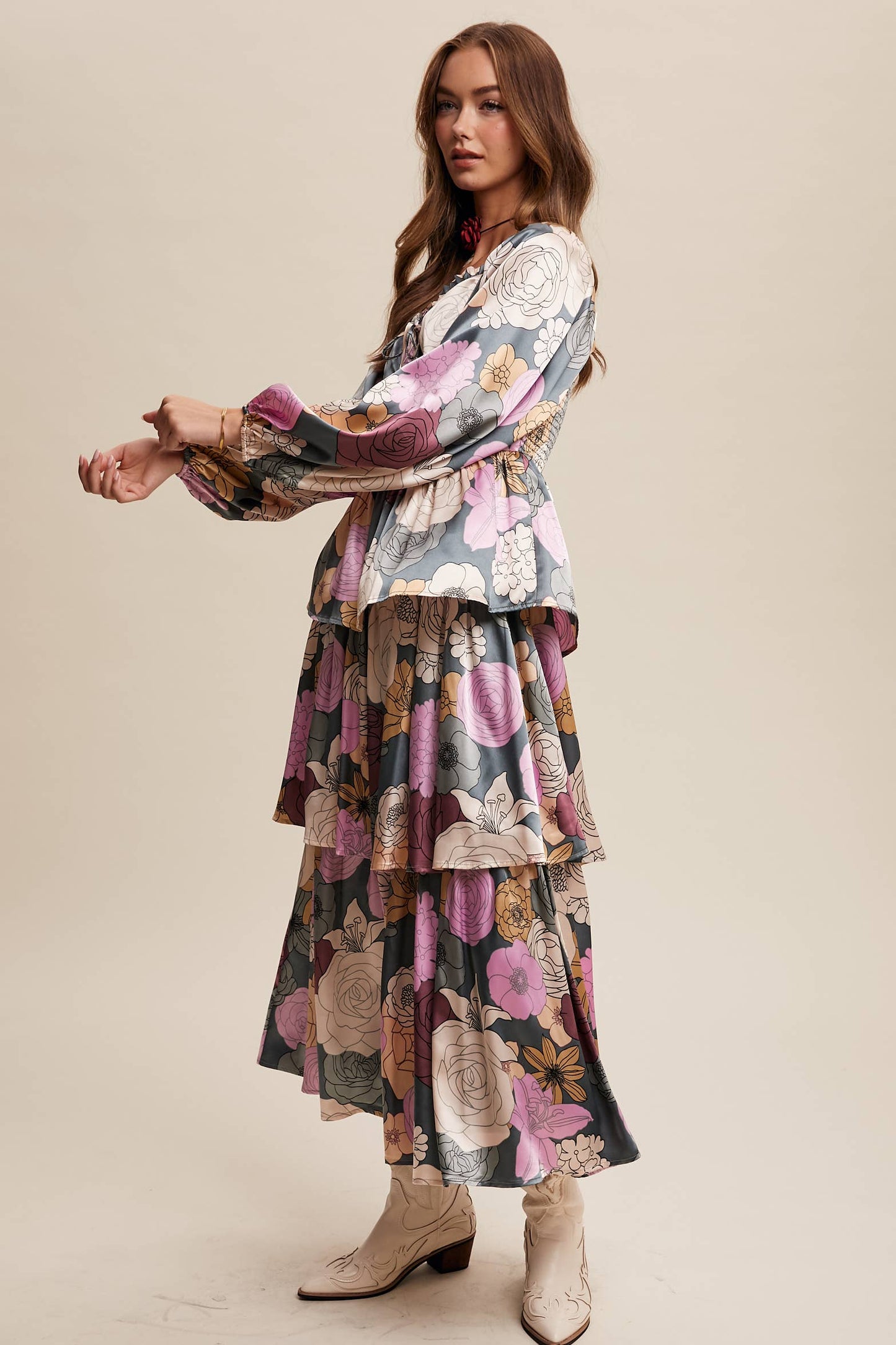 Felicia Floral Lace-Up Tiered Maxi Dress ~ Teal