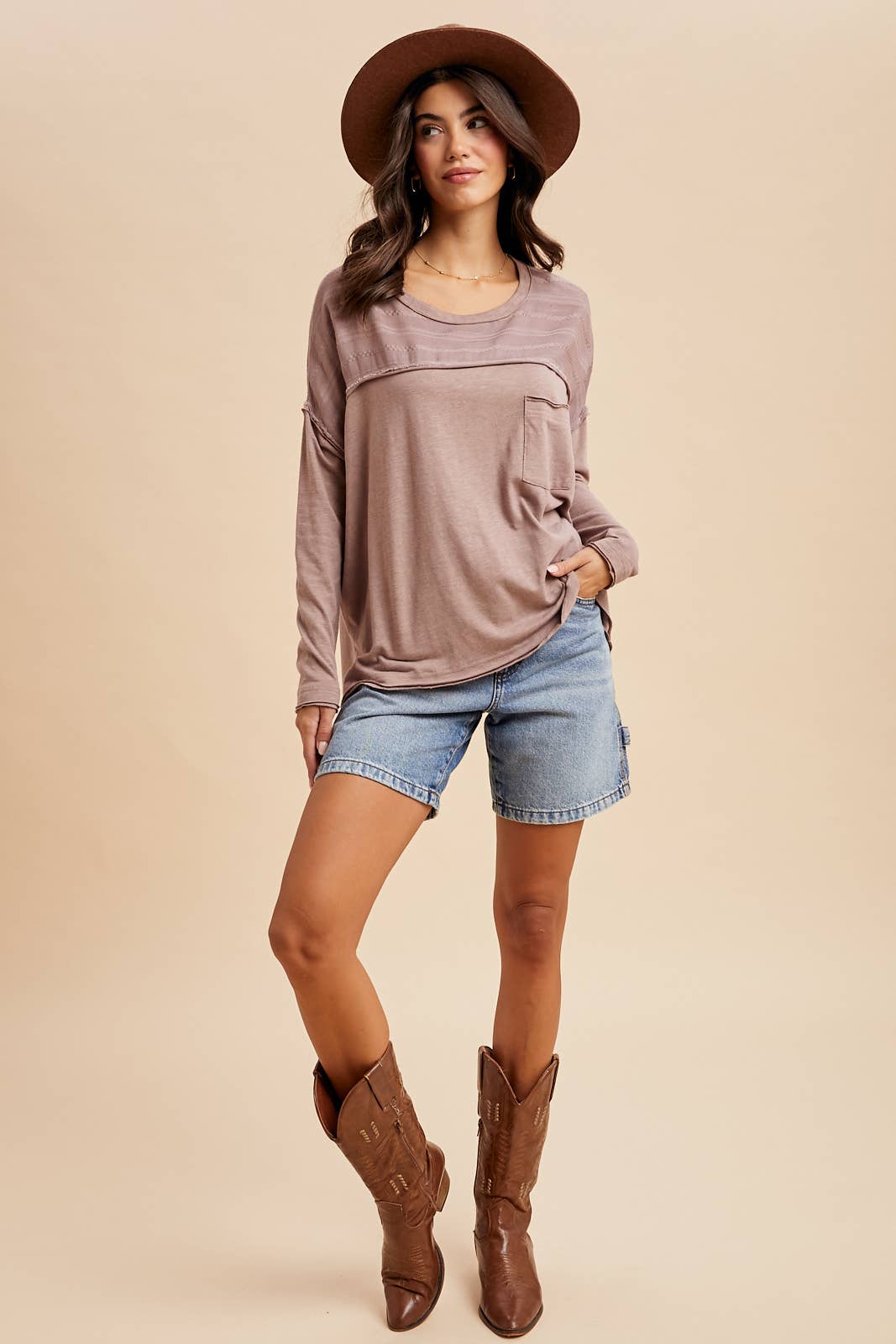 Emily Embroidered Panel Pocket Top ~ Mauve Taupe