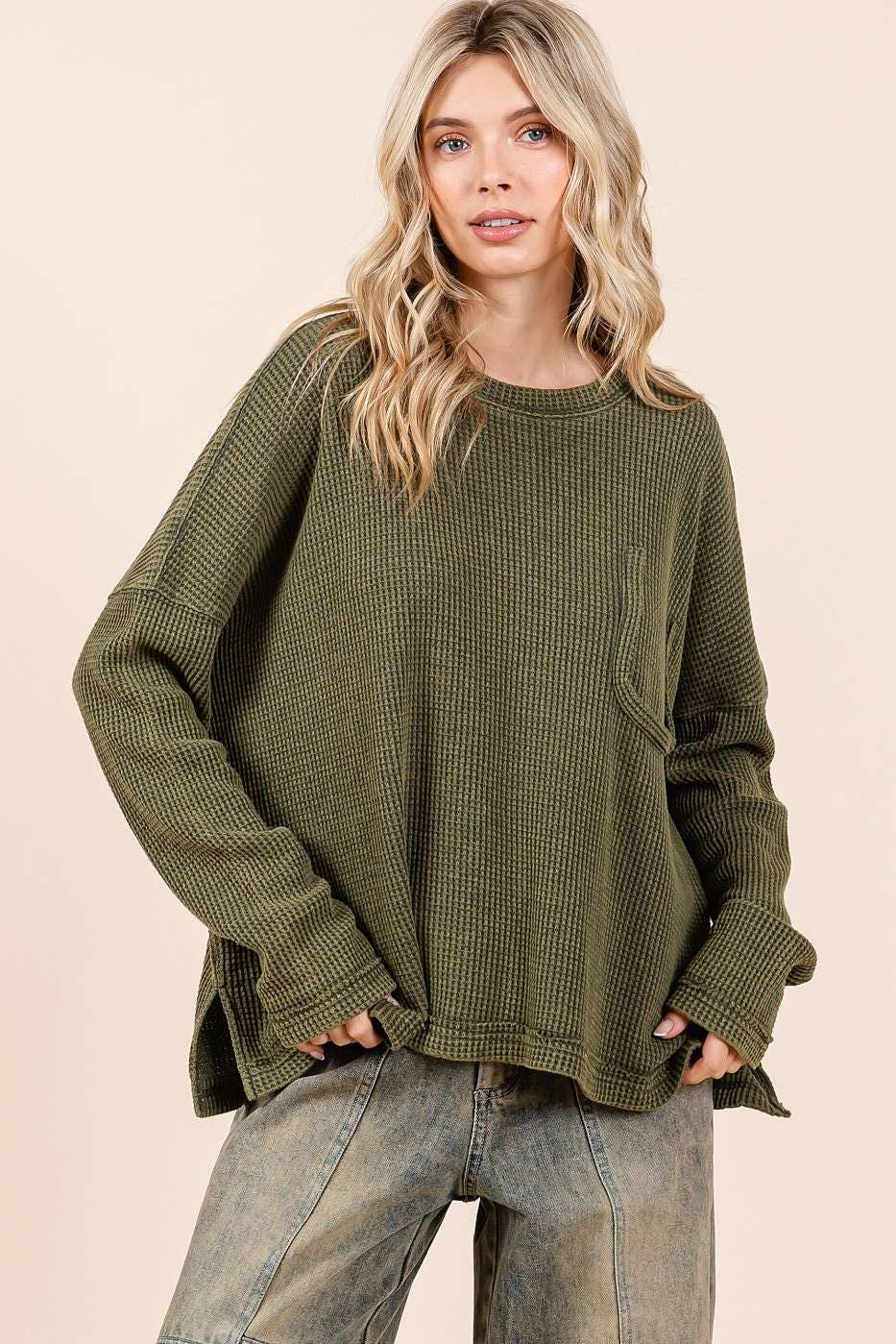 Myra Mineral Wash Cutout Pocket Waffle Top ~ Olive