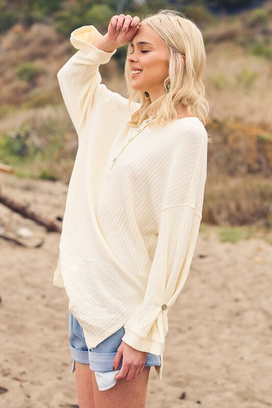 Henley Over Sized Ribbed Knit Top ~ Cream