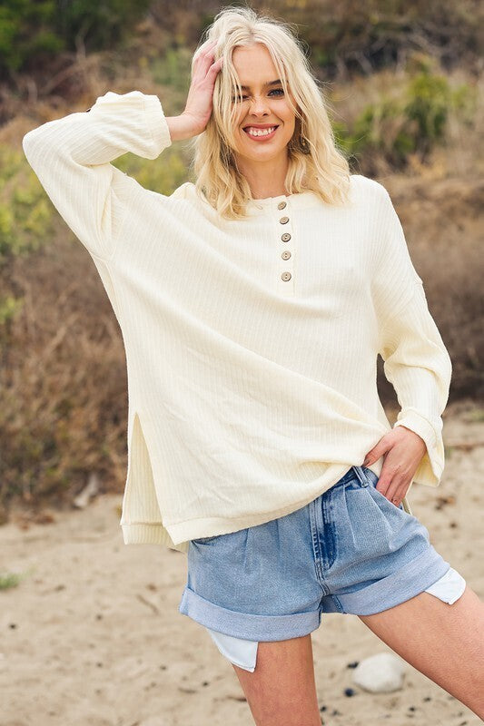 Henley Over Sized Ribbed Knit Top ~ Cream