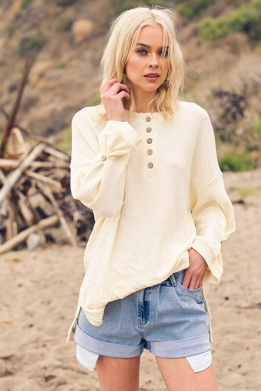 Henley Over Sized Ribbed Knit Top ~ Cream