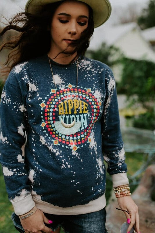 Hippie Vibin' Bleached Sweatshirt ~ Navy