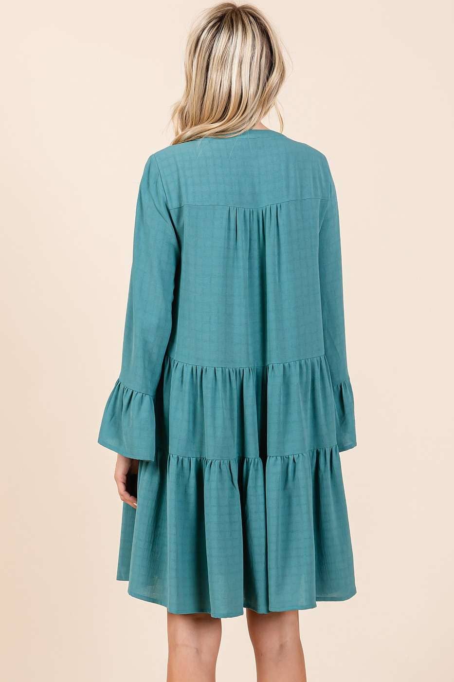 Becca Bell Sleeve Tiered Mini Dress ~ Seafoam