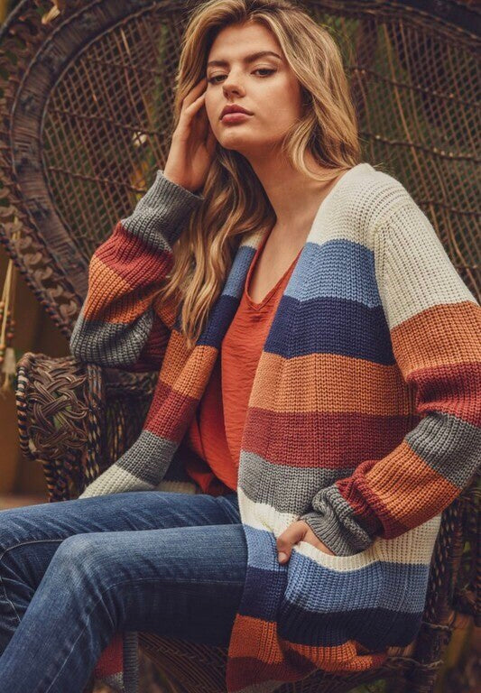 Zoe Striped Ribbed Knit Cardigan ~ Rust/Ivory