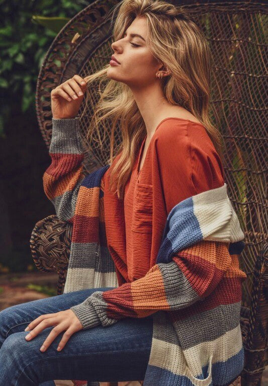 Zoe Striped Ribbed Knit Cardigan ~ Rust/Ivory