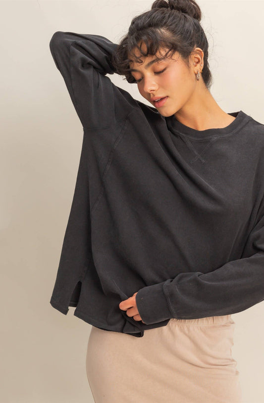 Macy Mineral Washed Drop Shoulder Top ~ Black