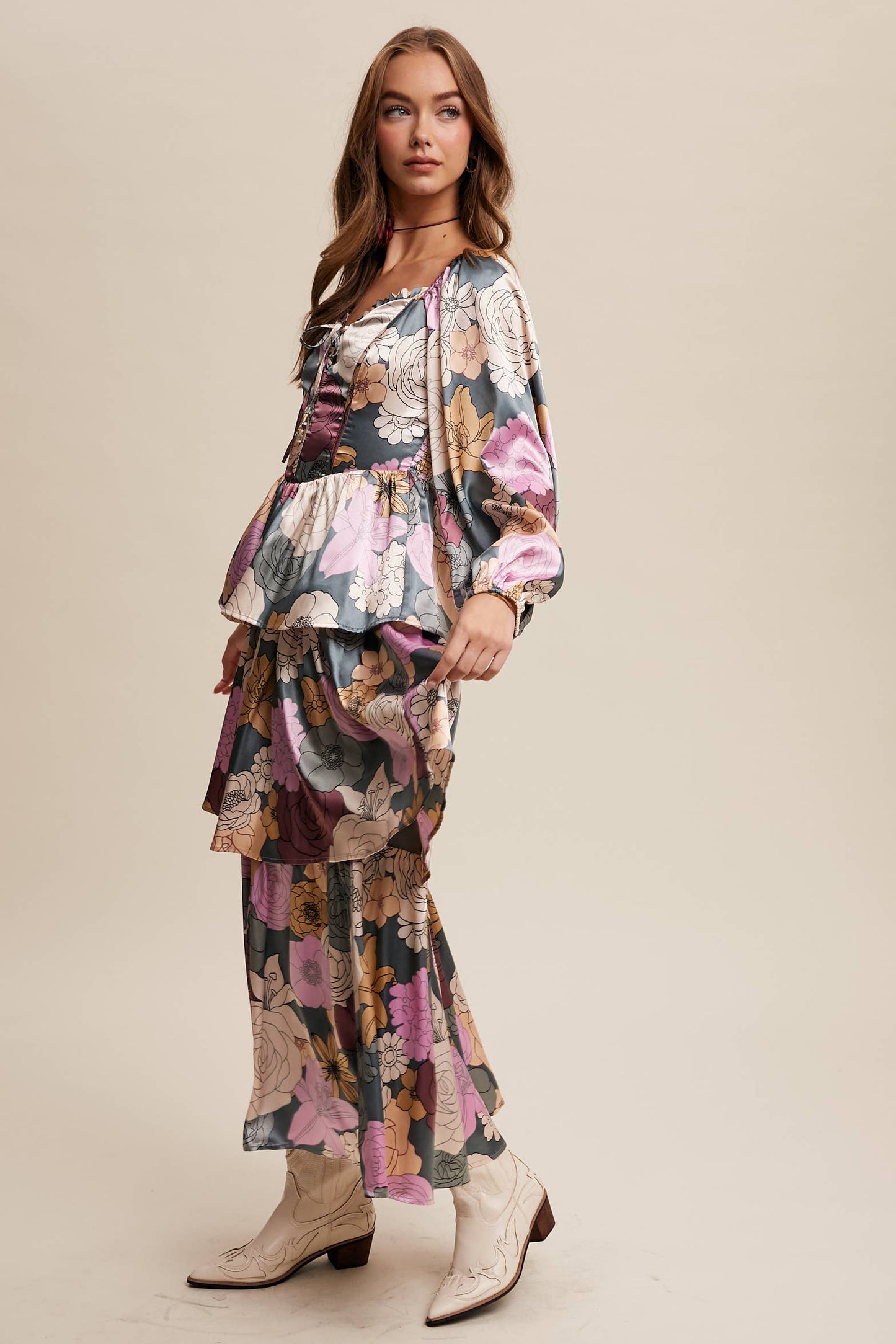 Felicia Floral Lace-Up Tiered Maxi Dress ~ Teal