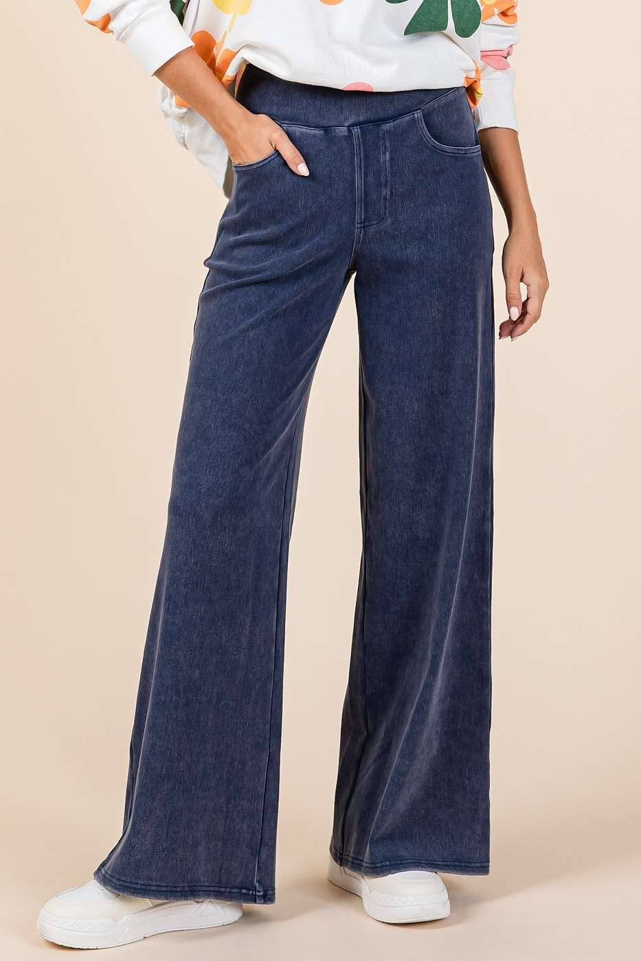 Emma Elastic Waistband Wide Leg Pants ~ Dark Denim