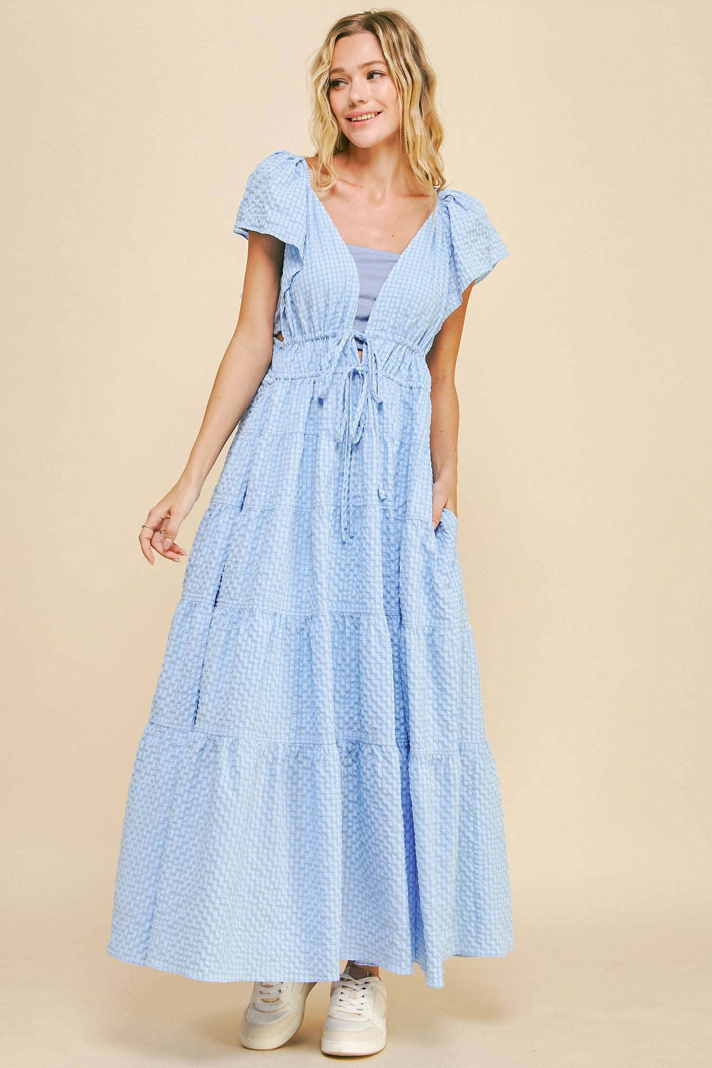 Cassie Crinkled Texture Flutter Sleeve Midi Dress ~ Light Blue