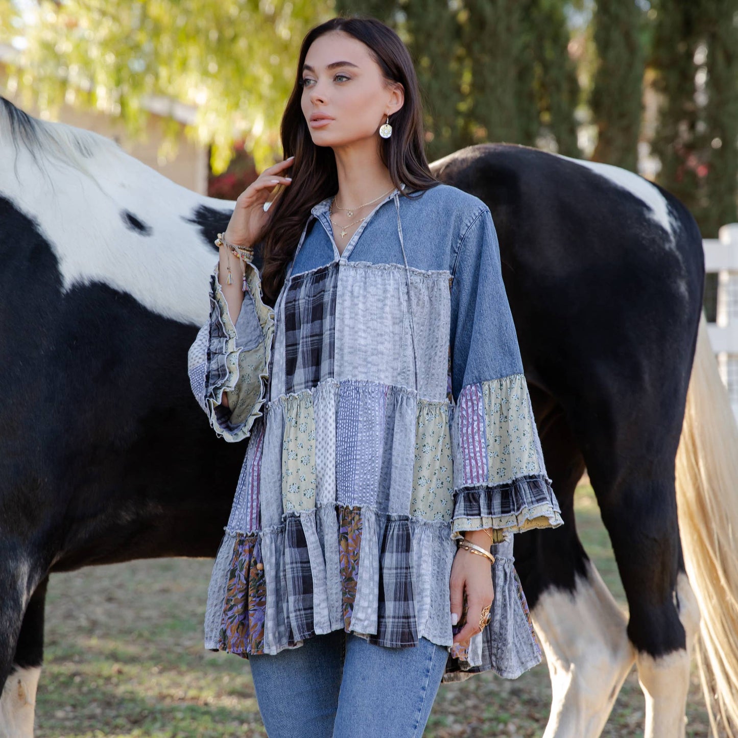 Amelia 3/4 Sleeve Jhabla Patchwork Top - Light Denim