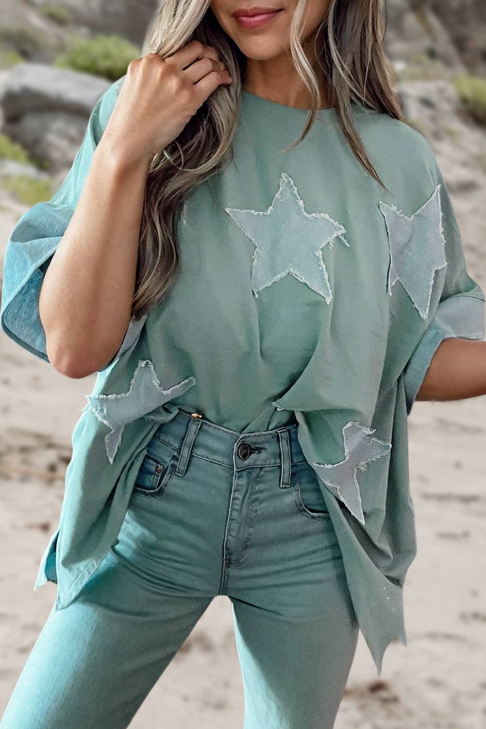 Charlie Frayed Star Denim Patchwork Oversize Top ~ Mint