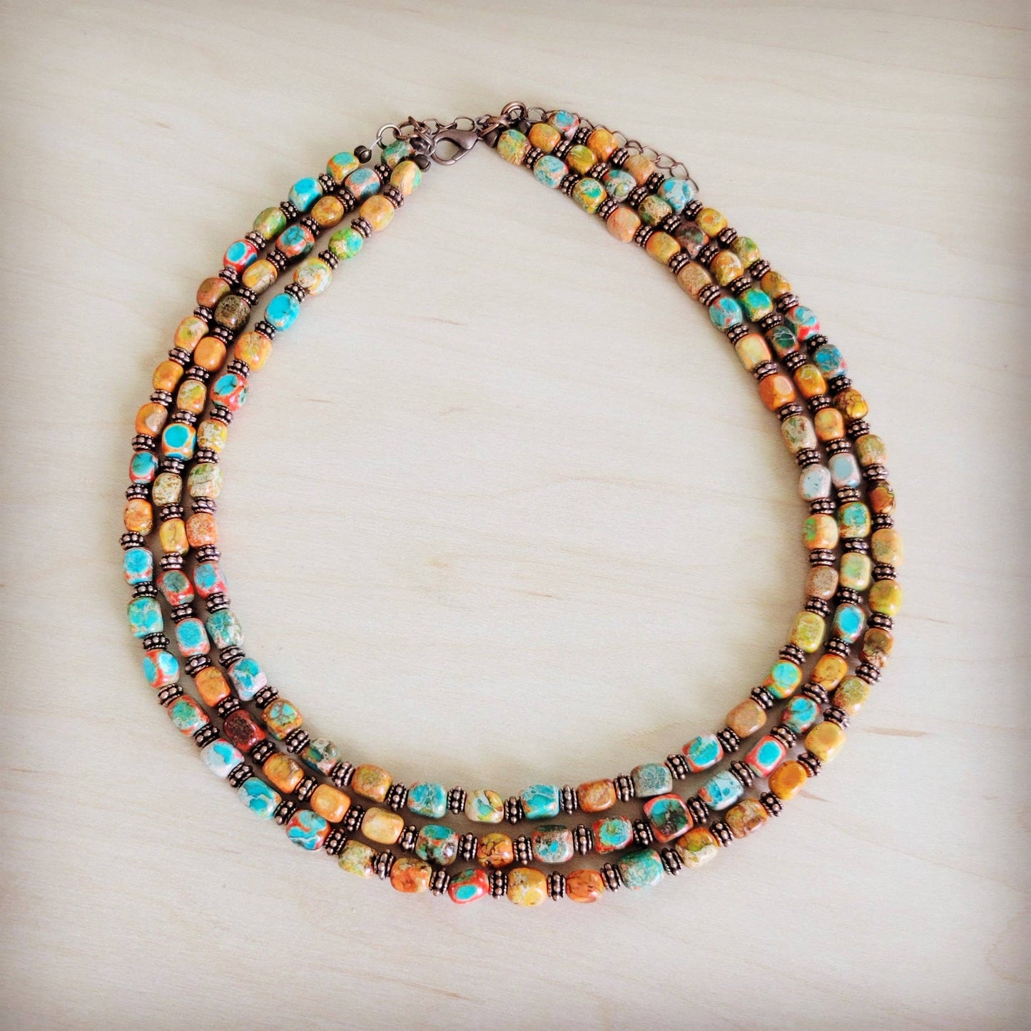 Triple Strand Layered Boho Sunrise Regalite Necklace