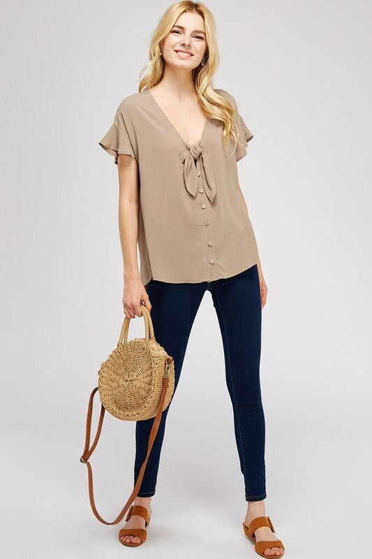 Taylor V Neck Button Down Top ~ Sage Grey