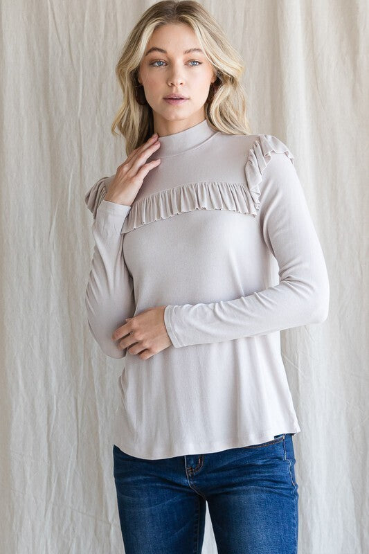 Jamie Ribbed Mock Neck Ruffle Top ~ Beige