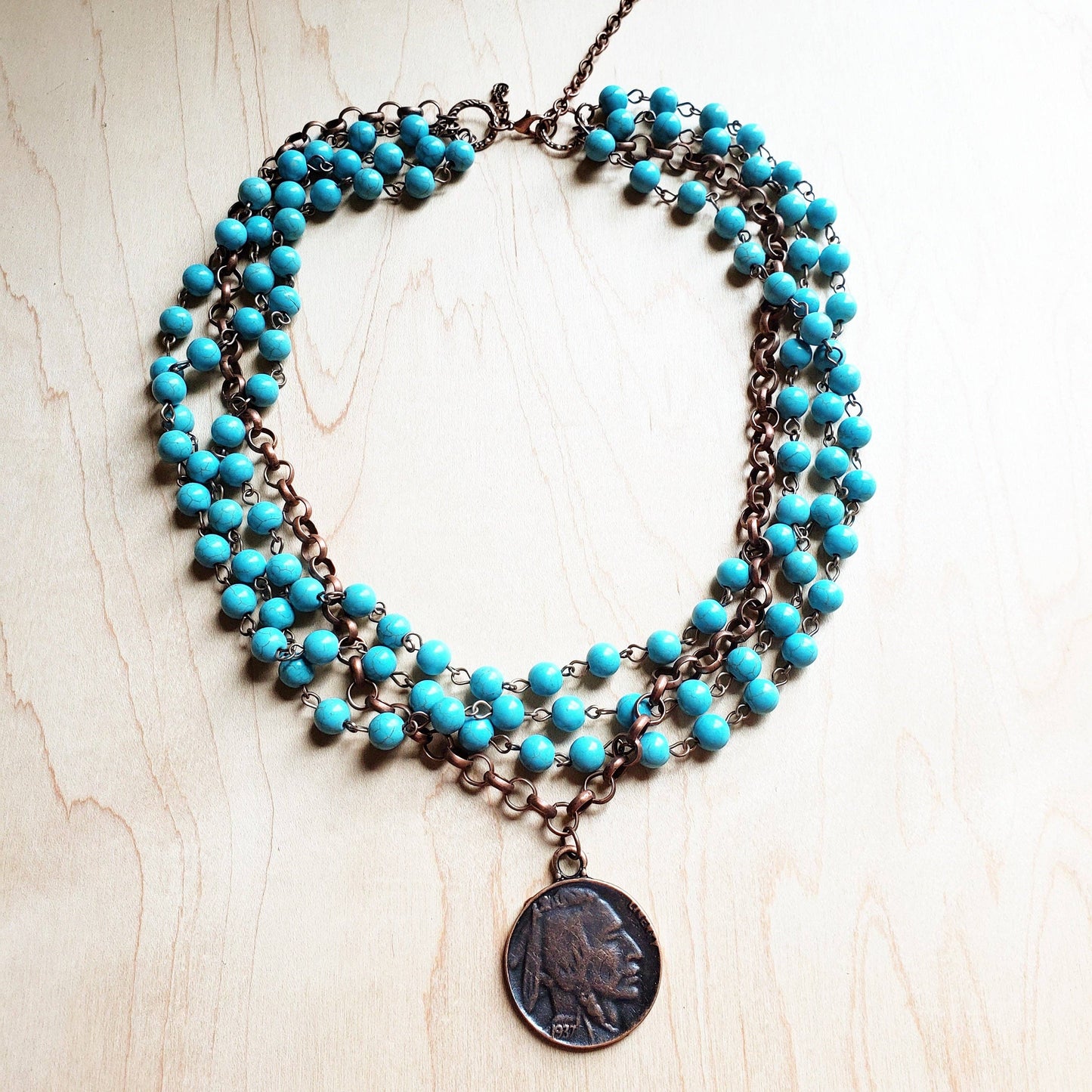 Blue Turquoise Indian Buffalo Coin Necklace