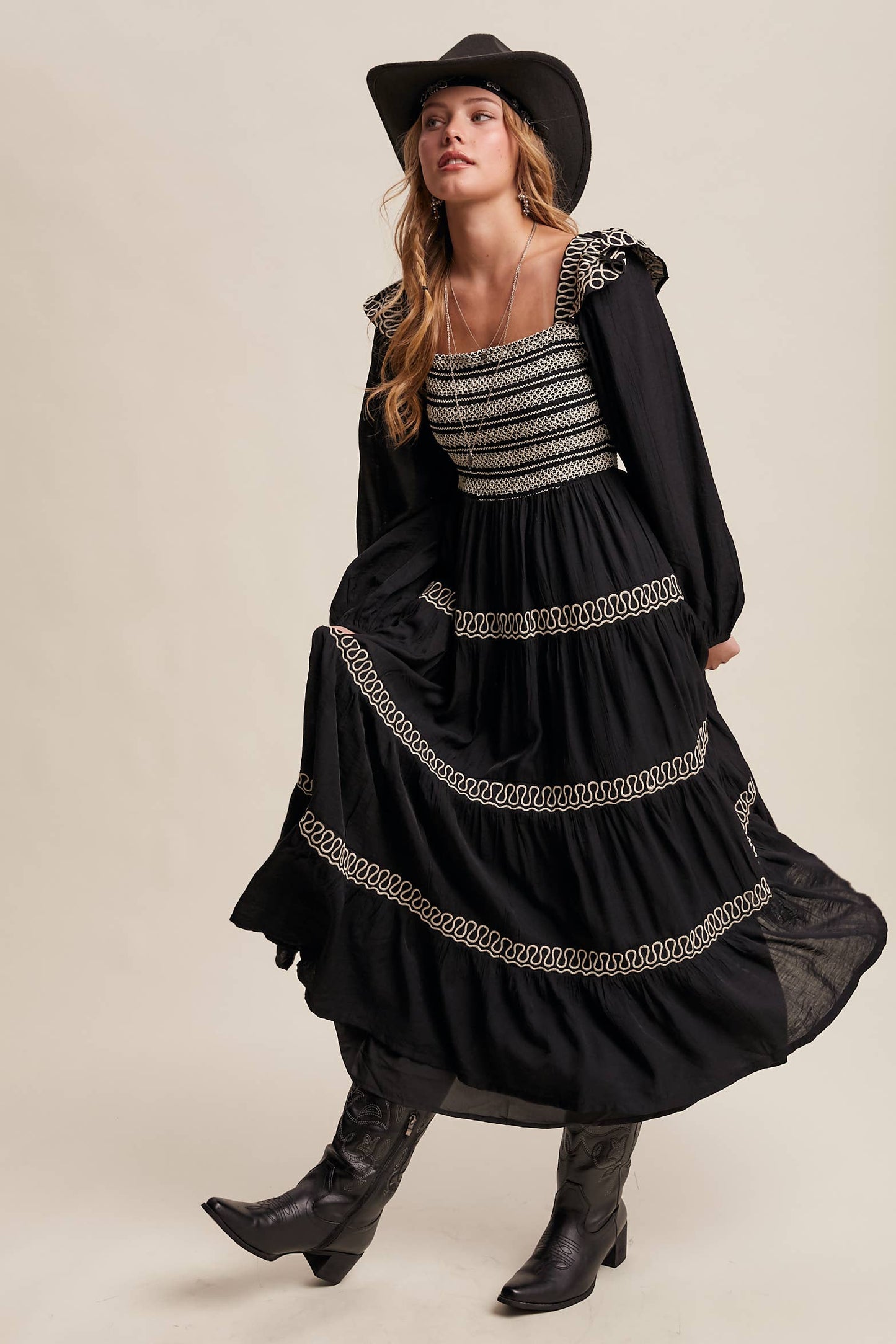 Sammie Smocked Western Maxi Dress ~ Black