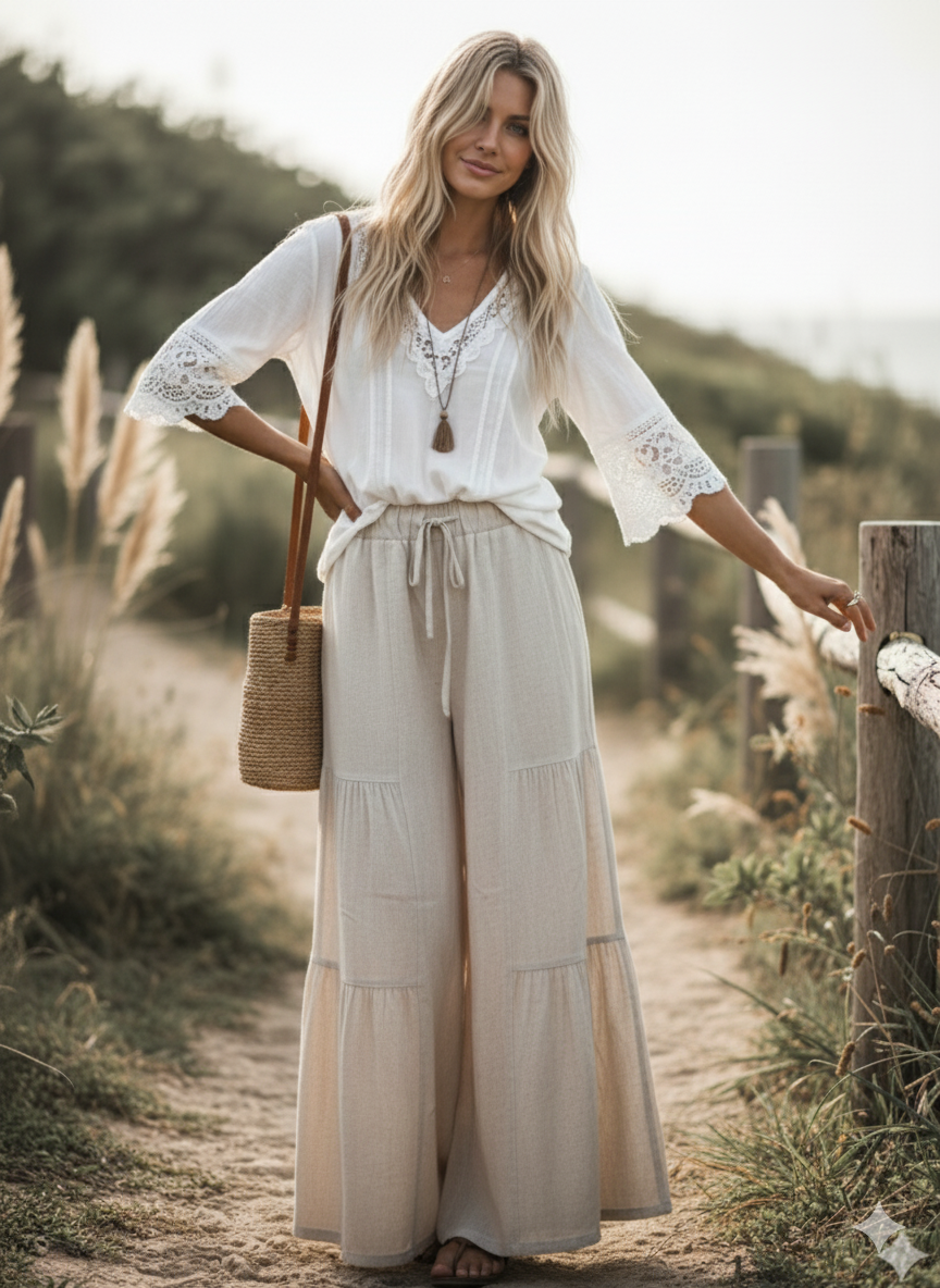 Linen Blend Tiered Wide Leg Palazzo Pants~Natural