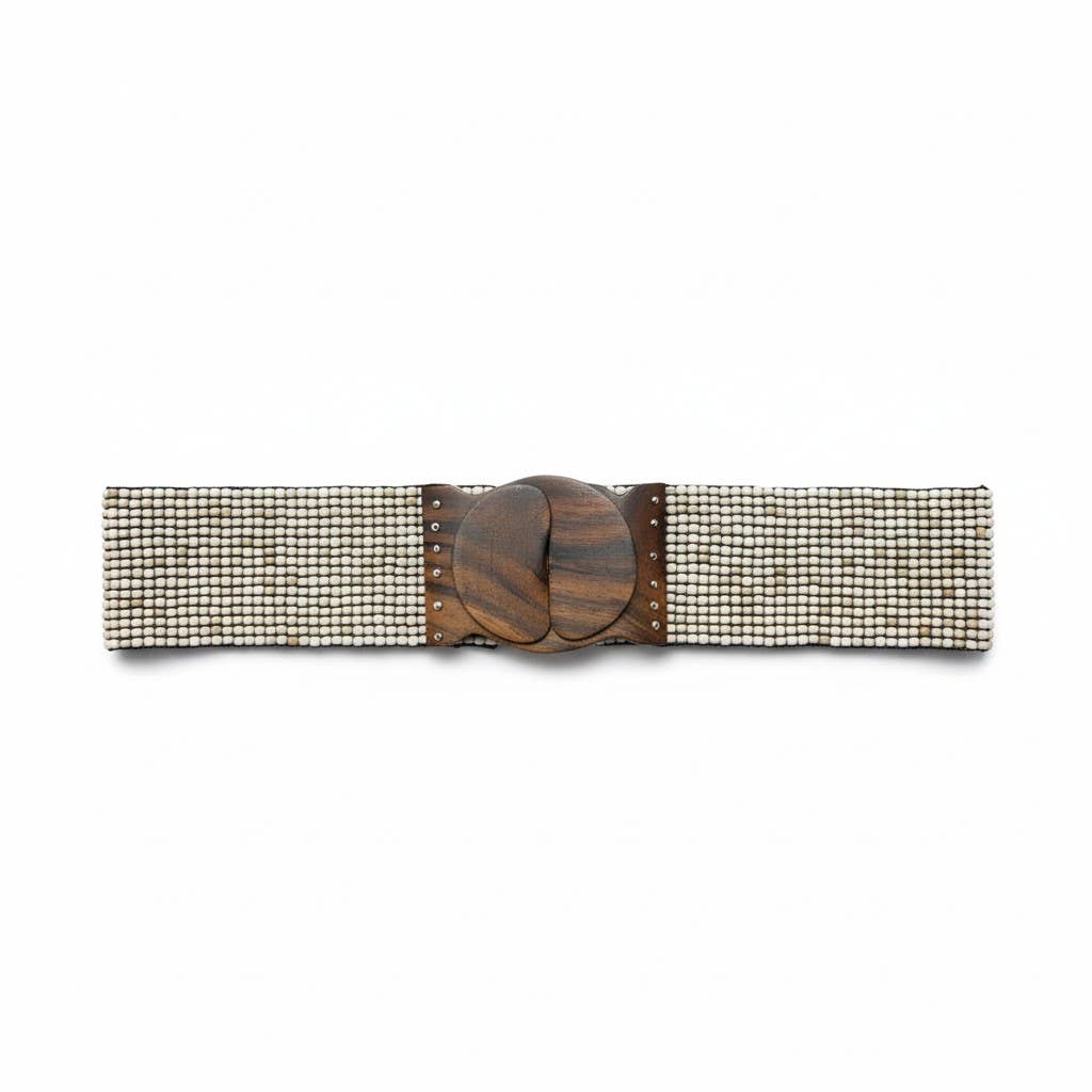 Stretchable Boho Chic Glass Beaded Belt with Wooden Buckle
