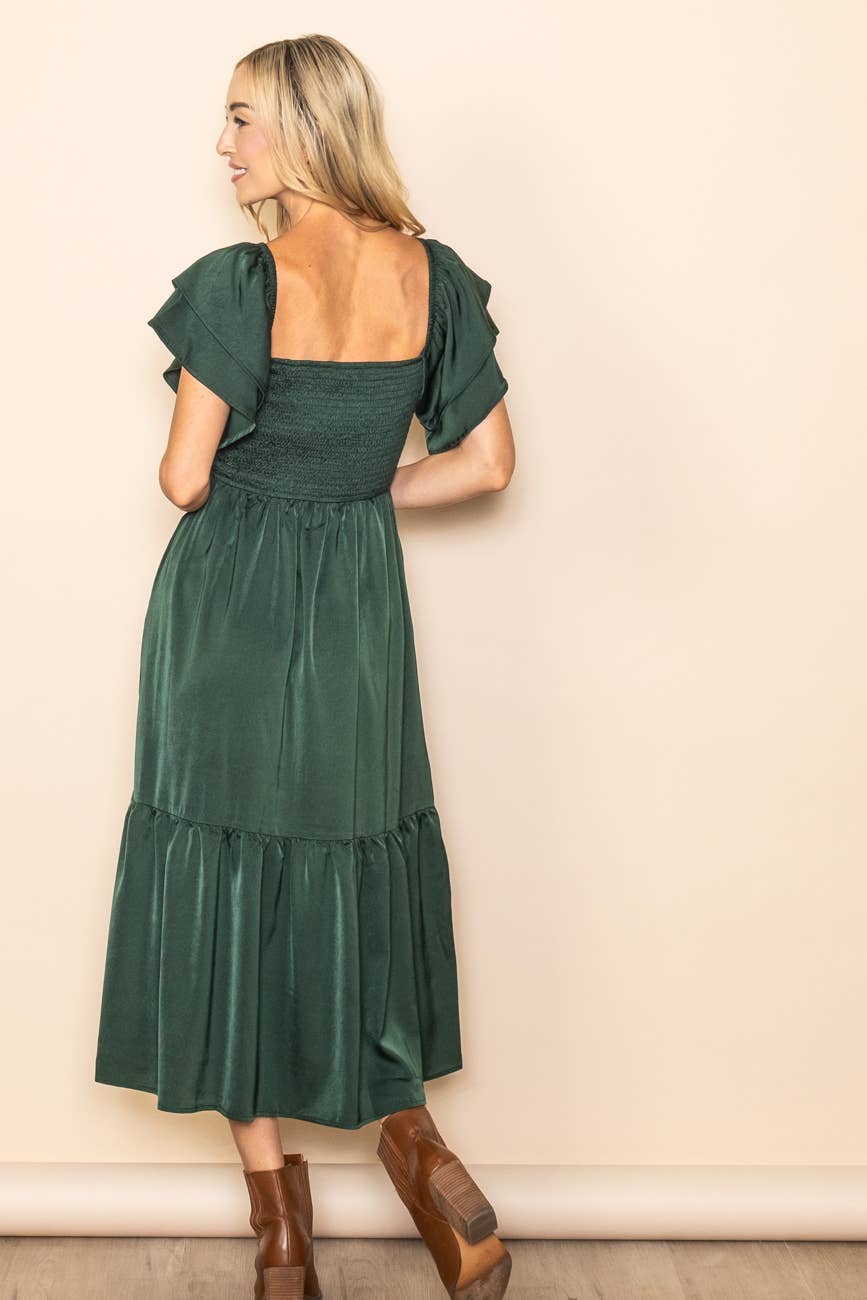 Sloane Satin Flowy Flutter Sleeve Smocked Dress