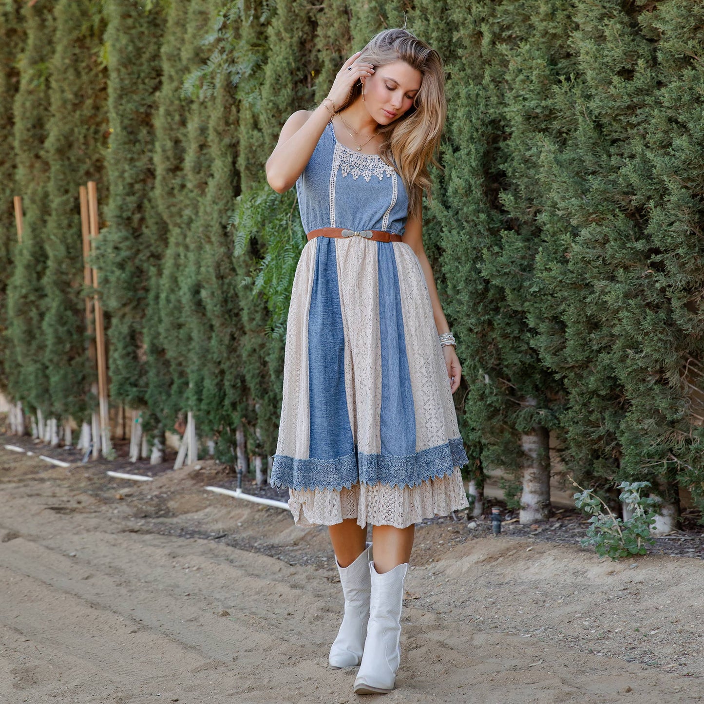 Betty Boho Western Denim & Lace Panel Midi Dress - Latte