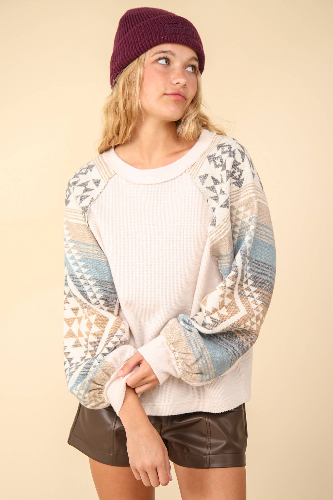 Audrey Aztec Printed Sleeve Oversized Cozy Knit Top ~ Cream