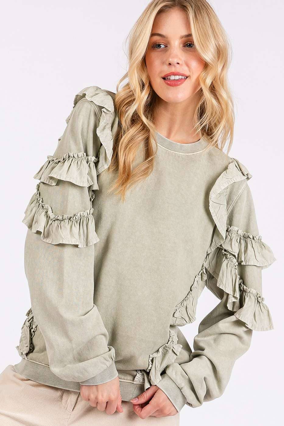 Dallas Mineral Wash Ruffle Top ~ Sage