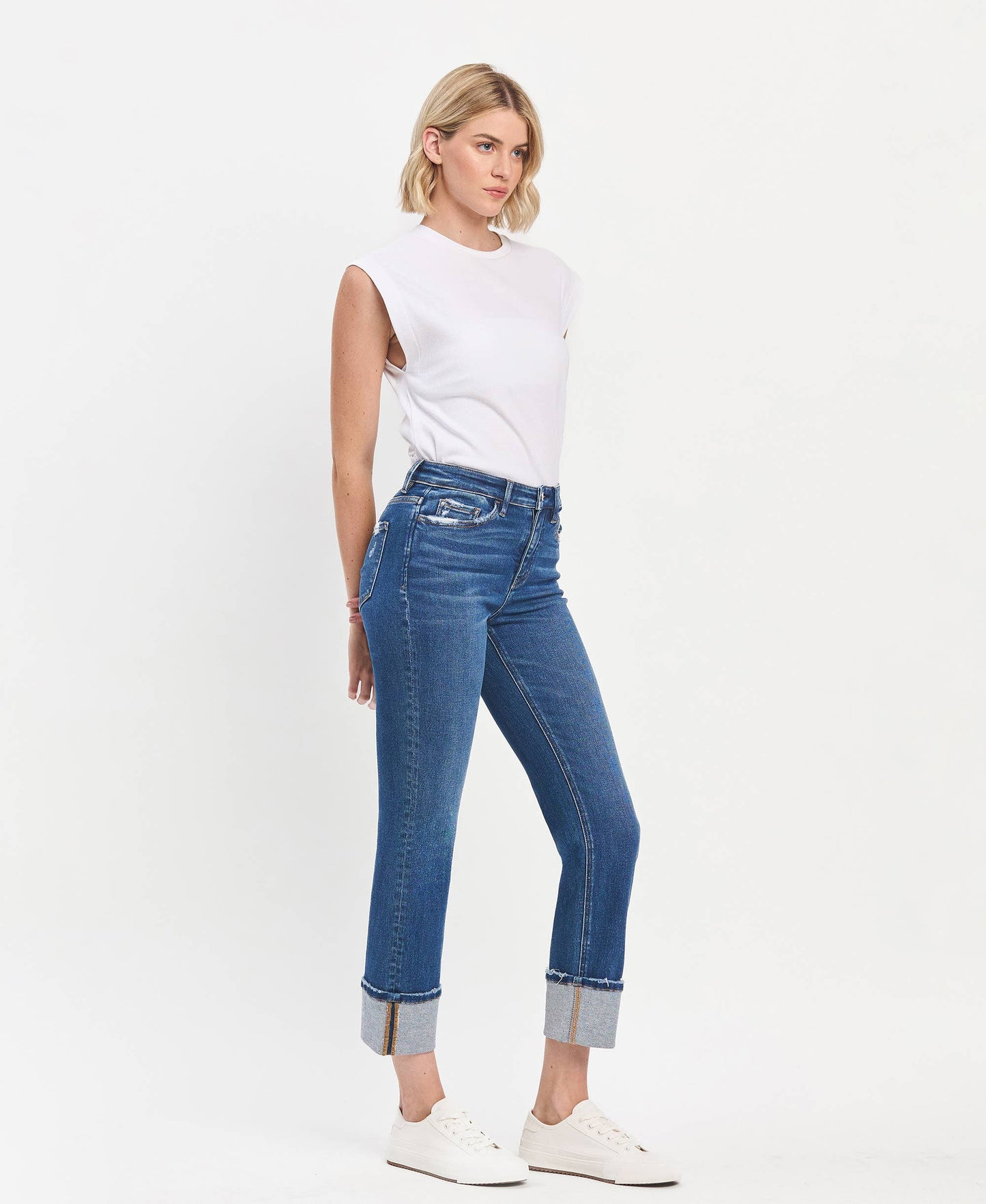 Jeanne High Rise Cuffed Slim Straight Jeans ~ Medium Denim