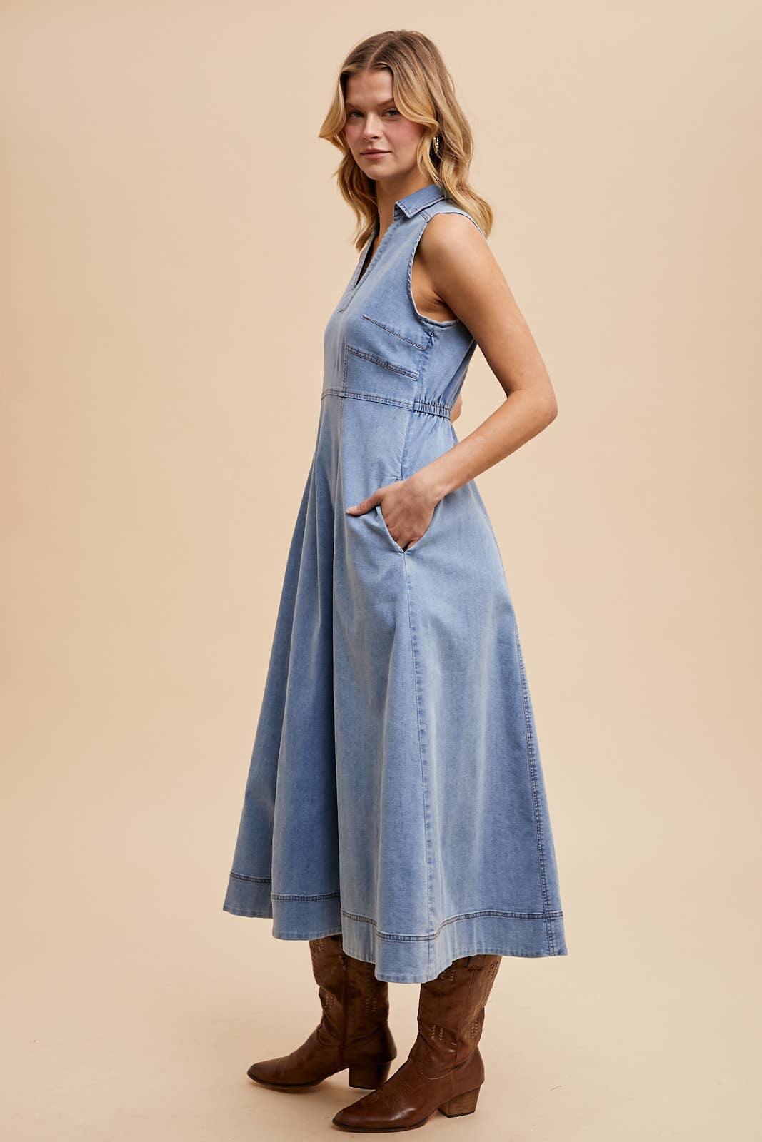 Paisley Collared Flare Midi Dress ~ Light Denim