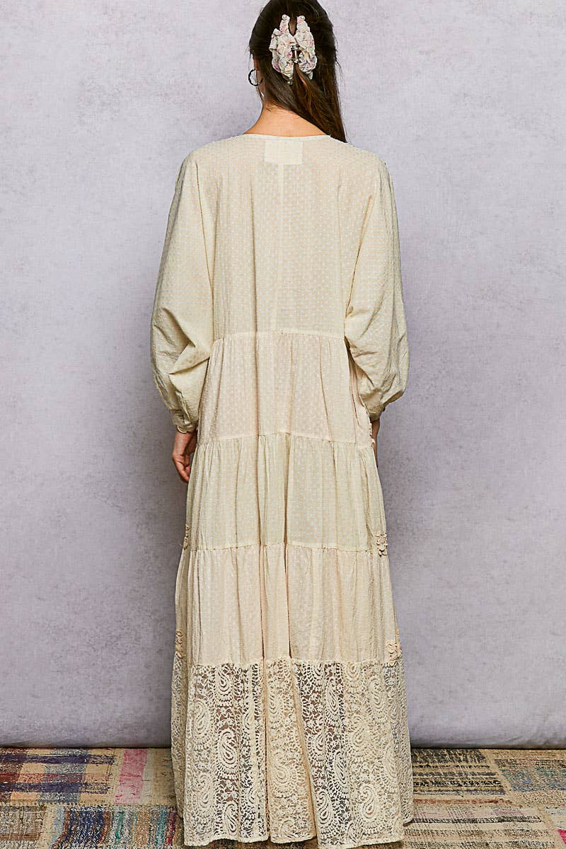 Sidney 3/4 Sleeves Embroidered Lace Romantic Maxi Dress ~ Natural