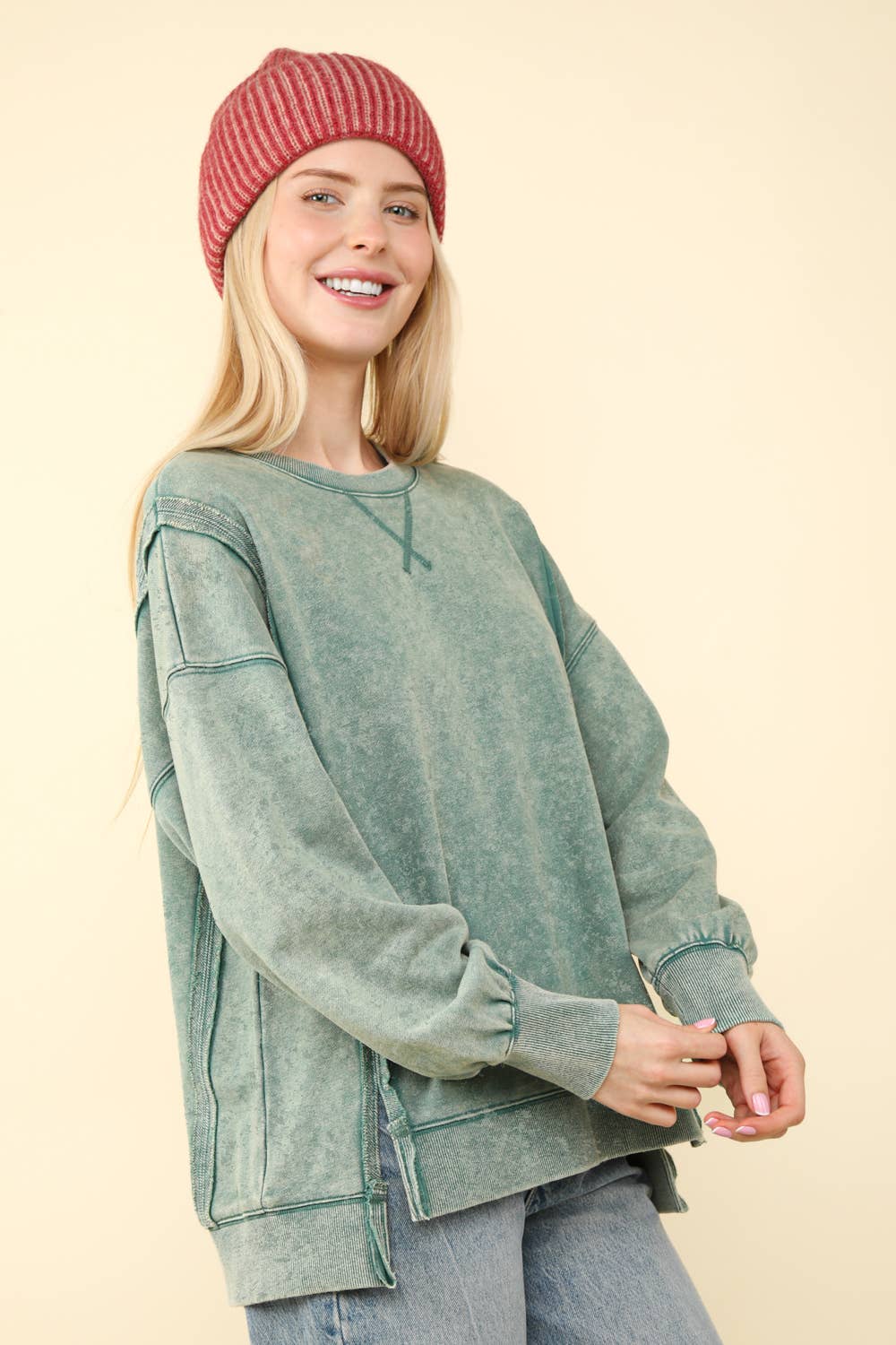 Mya Mineral Washed French Terry Oversized Knit Top ~ Olive