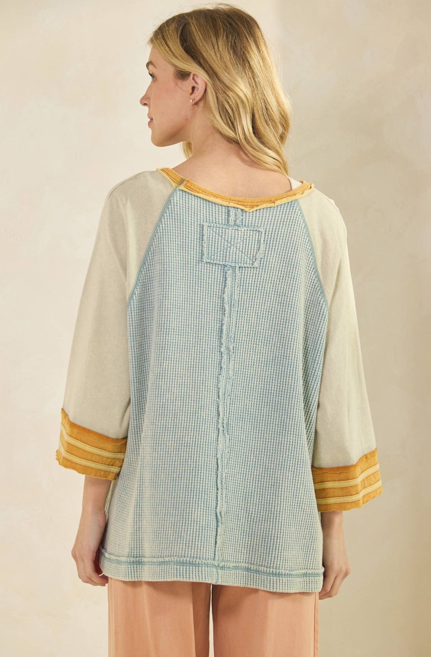 Bonnie Boho Waffle Knit Raglan Top ~ Dusty Blue